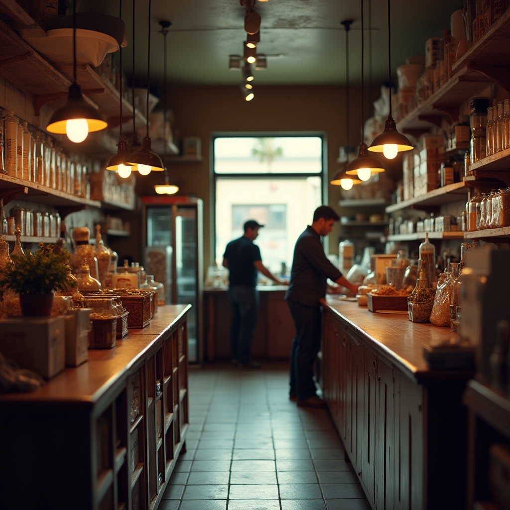 Wide view of a well-organized Mexican business interior with manager at work