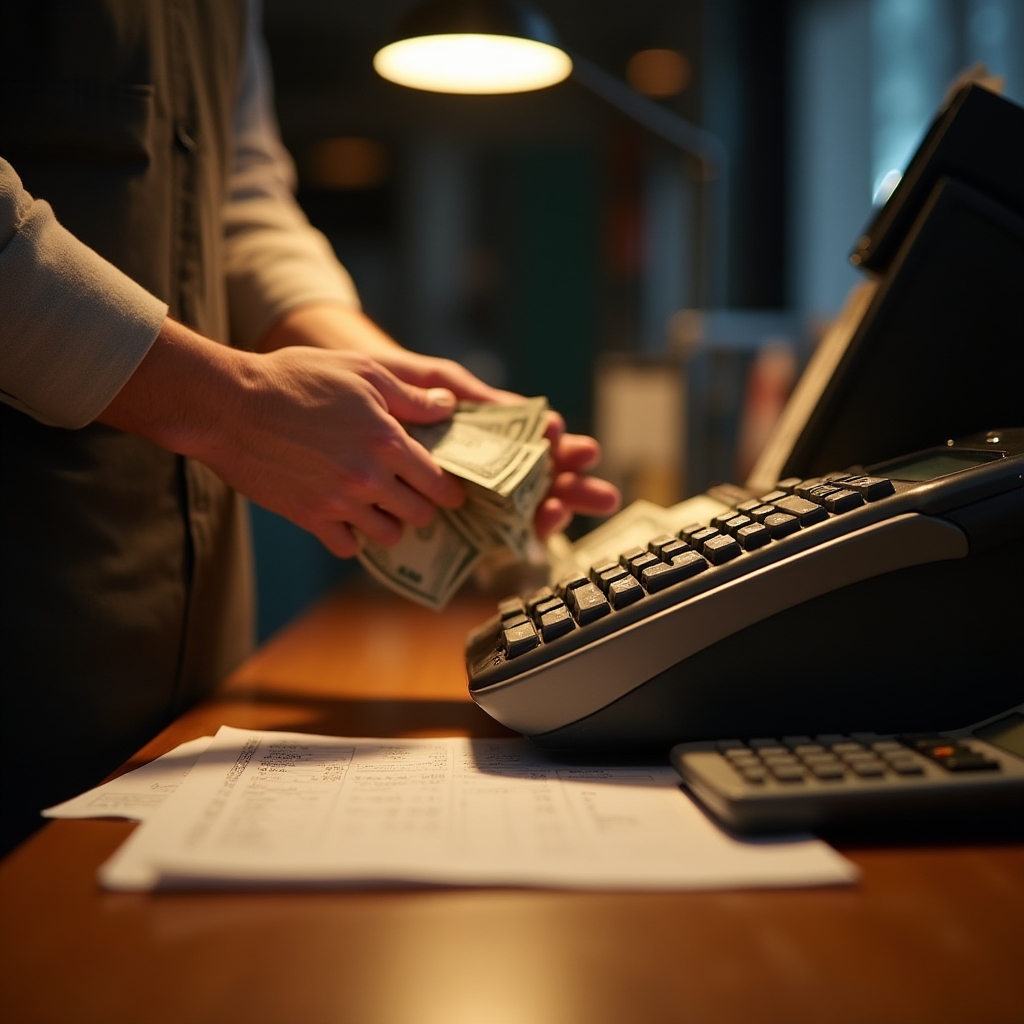 Close-up of cash register and daily cash reconciliation process