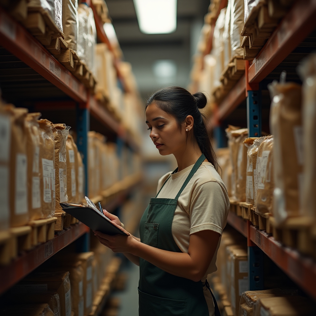 Employee counting and organizing inventory on store shelves