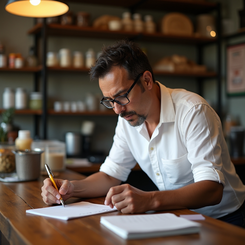 Store manager reviewing daily operations at a business counter in Mexico