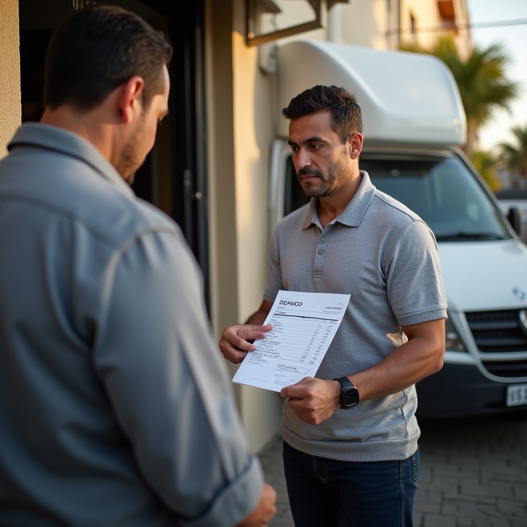 Manager reviewing delivery order with supplier representative at business entrance