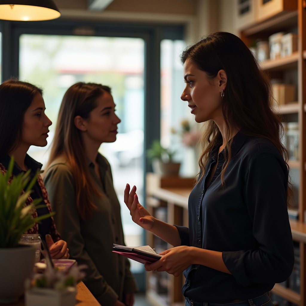 Store manager leading a brief team meeting before the business day begins