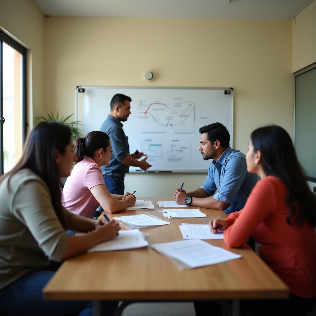 Small group training session with business managers learning practical administration skills